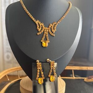 Vintage Dafri Marigold Rhinestone Necklace and Screwback Earring Set